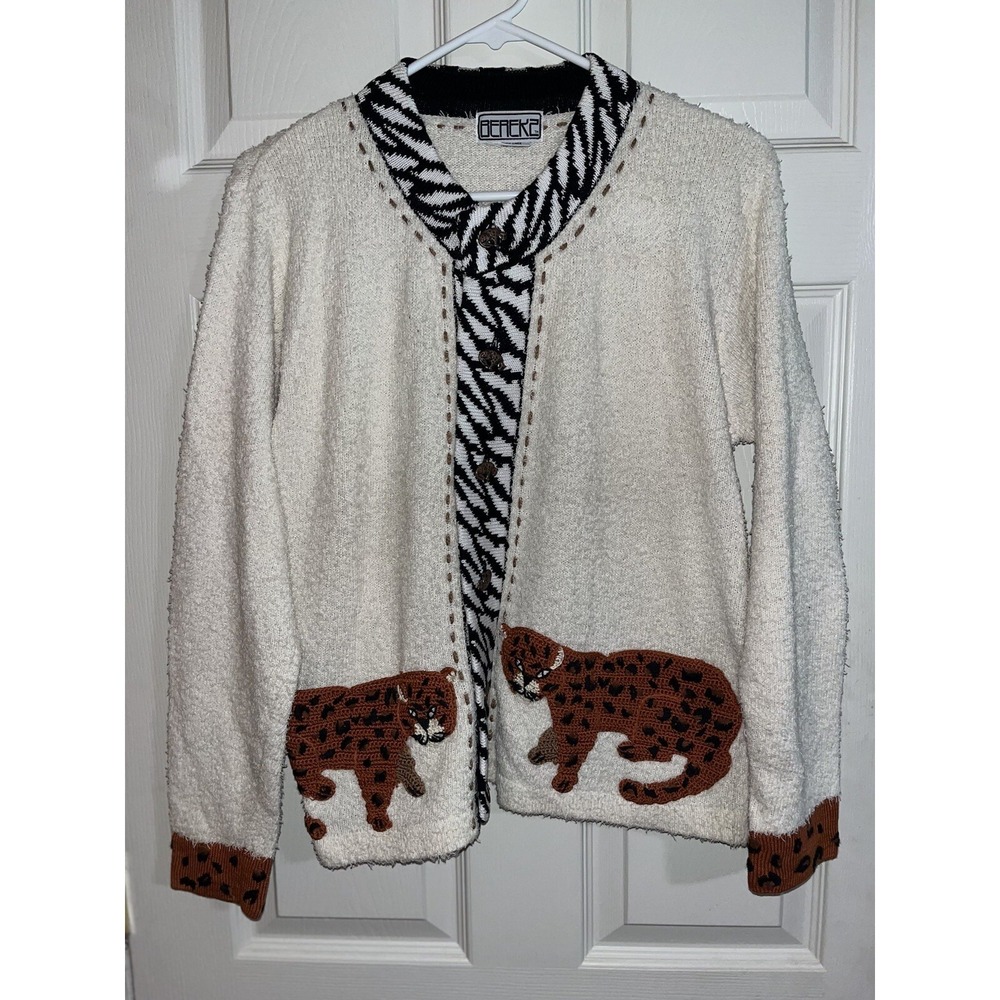 vtg  Berek 2 cardigan Linen/cotton Cream , African‎ , Crochet Cheetah Pockets